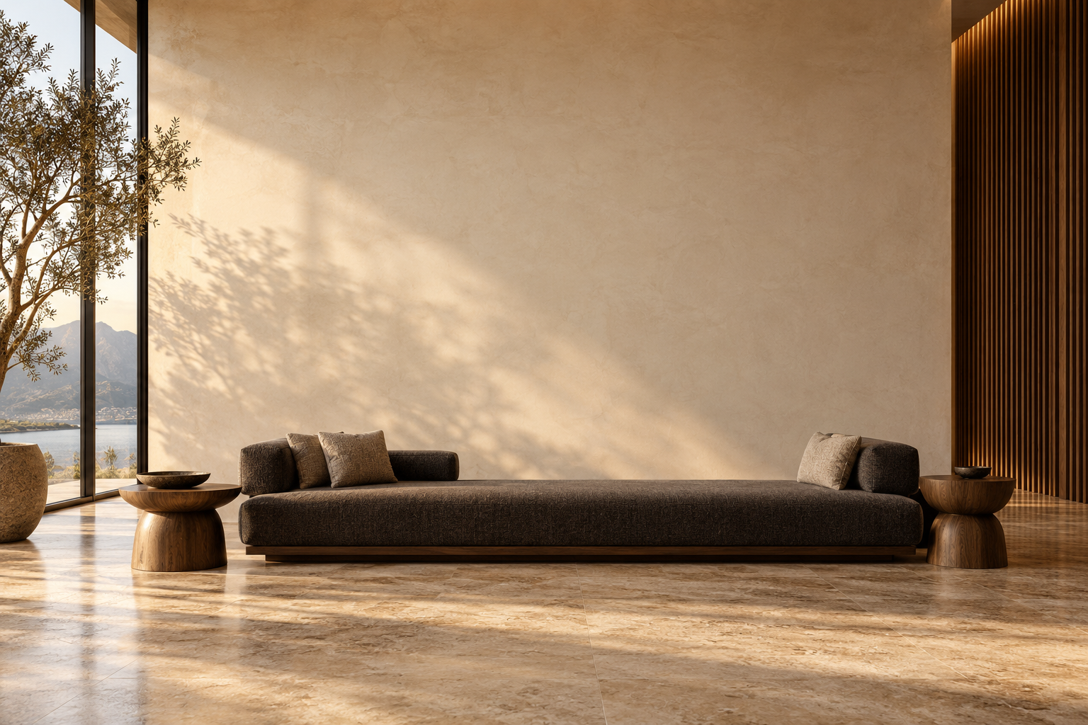 Illustrative architectural lounge with a blank plaster wall